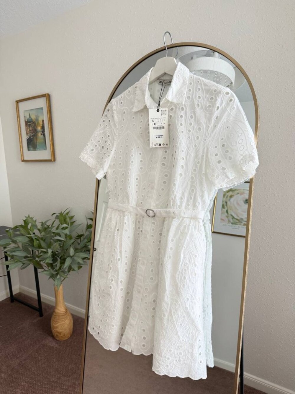 NWT Zara White Eyelet Shirt Dress Size S Cotton Embroidered Belted Mini Summer